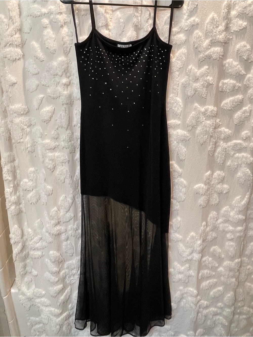 Vintage 90s B/A/S/I/C USA maxi dress with silver rhinestones and sheer skirt